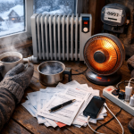 Facture électrique élevée en hiver avec radiateur et compteur montrant une surconsommation d'énergie