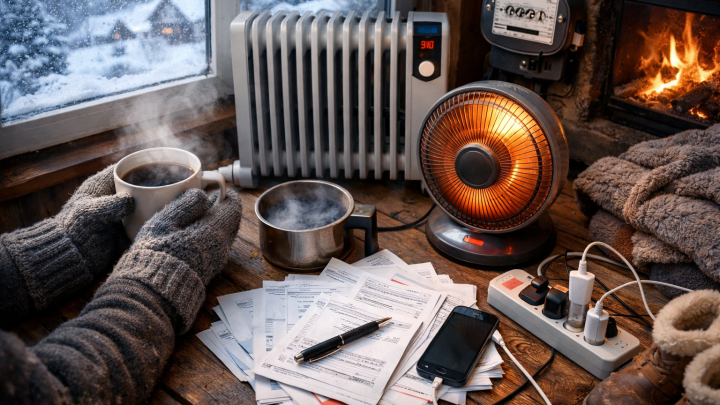 Facture électrique élevée en hiver avec radiateur et compteur montrant une surconsommation d'énergie