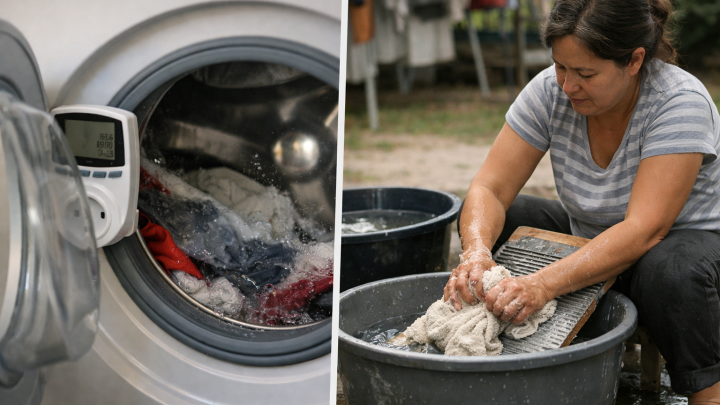 Lave-linge en fonctionnement montrant la consommation électrique excessive et les causes d'une facture élevée