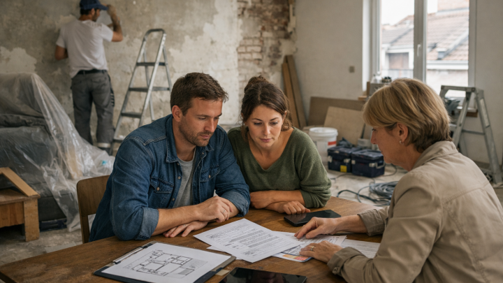 Couple consultant des plans de rénovation intérieure