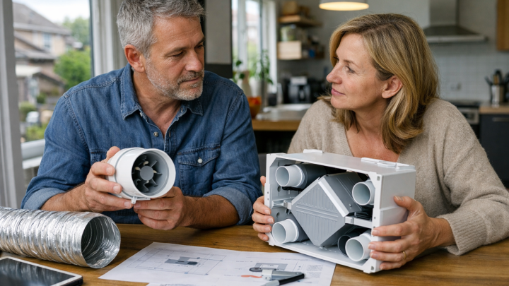 Deux personnes tenant des composants de ventilation