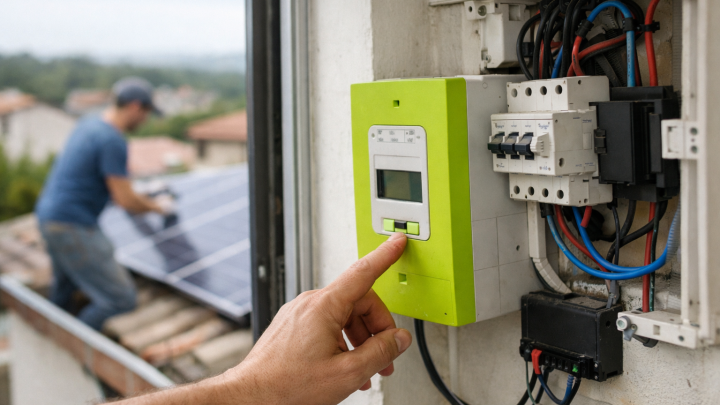 Main appuie sur un onduleur solaire vert