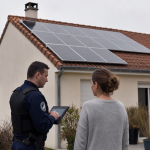 Policier parlant à résidente devant panneaux solaires