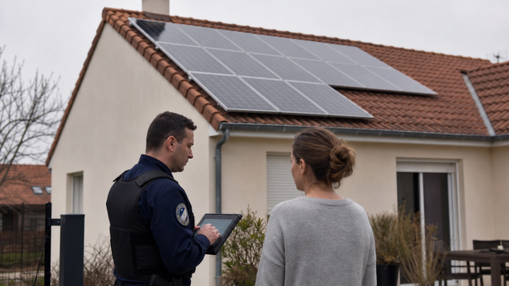 Policier parlant à résidente devant panneaux solaires