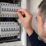 Électricien réglant un disjoncteur dans un tableau électrique
