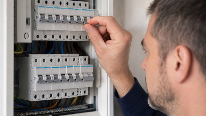 Électricien réglant un disjoncteur dans un tableau électrique