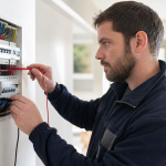 Électricien ajustant des fils dans un tableau électrique