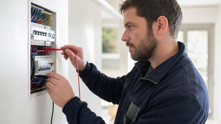 Électricien ajustant des fils dans un tableau électrique
