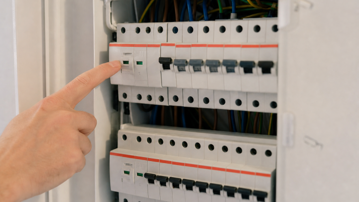 Doigt pointant un disjoncteur dans un tableau électrique
